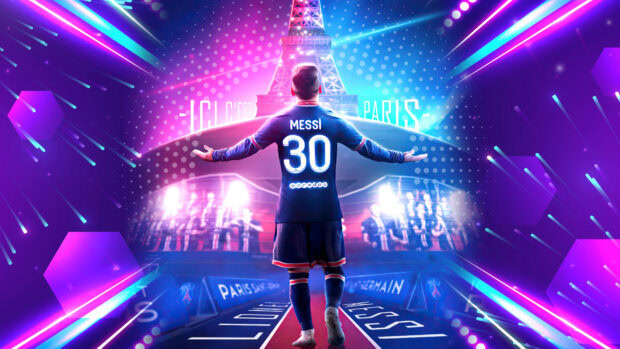 Lionel Messi wearing number 30 jersey walking towards the Eiffel Tower in Paris Saint Germain setting