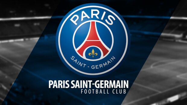 Paris Saint Germain emblem logo displayed on a dark blue stadium background