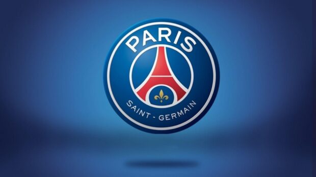 The Paris Saint Germain emblem prominently displayed on a blue background