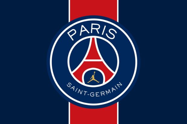 The Paris Saint Germain logo with red and blue stripes on a high quality HD wallpaper