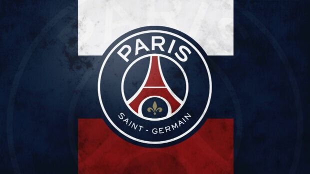 The Paris Saint Germain logo with red white and blue colors on a textured background