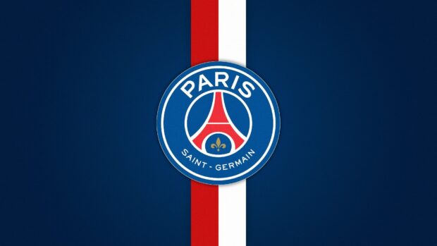 The Paris Saint Germain logo with red white and blue stripes on a dark blue background
