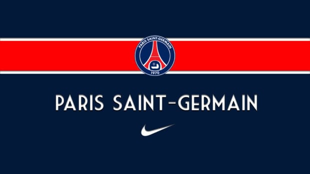 Paris Saint Germain emblem and name on a dark blue background with a red stripe across the middle