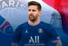 Lionel Messi wearing Paris Saint Germain jersey with Eiffel Tower background in Paris Saint Germain design