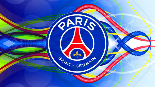 Paris Saint Germain emblem with colorful abstract waves background