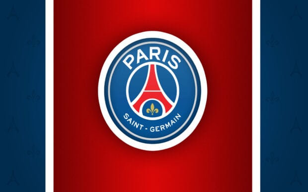 Paris Saint Germain logo on a red and blue background with patterns