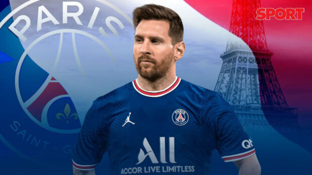 Lionel Messi wearing Paris Saint Germain jersey with Eiffel Tower background in Paris Saint Germain design