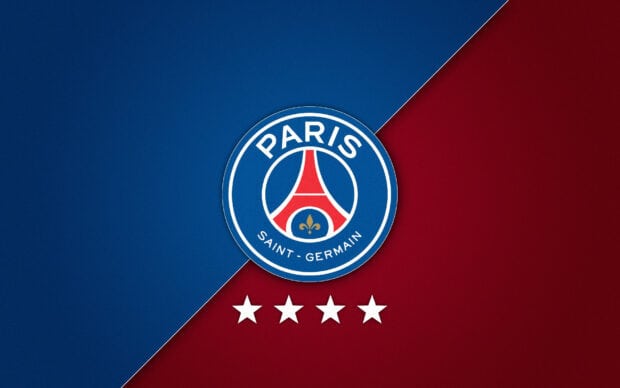 Paris Saint Germain logo with four stars on blue and red diagonal background
