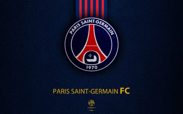 Paris Saint Germain logo with red and blue stripes on a textured dark blue background