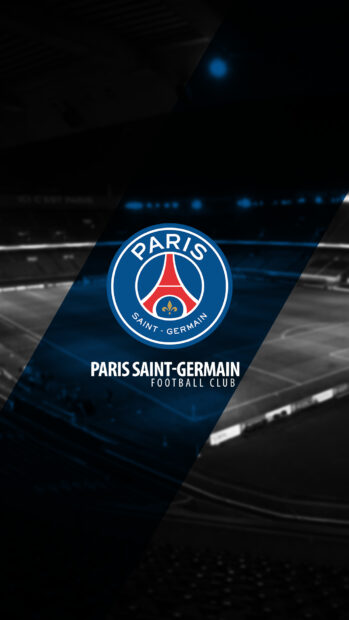 Paris Saint Germain emblem displayed over a football stadium filled with fans at night