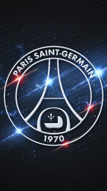 Glowing Paris Saint Germain emblem with cosmic background and light streaks on dark space