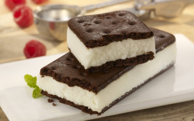 Chocolate ice cream sandwich pastry with creamy vanilla filling on a white plate
