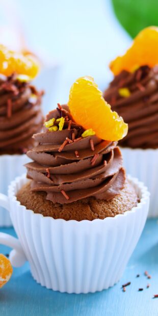 Chocolate frosting on a cupcake topped with an orange slice and sprinkles