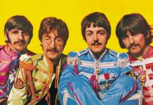 Paul Mccartney dressed in colorful vintage military style uniforms with band members on a bright yellow background