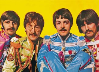 Paul Mccartney dressed in colorful vintage military style uniforms with band members on a bright yellow background