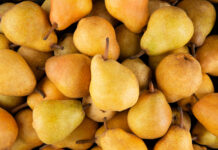 A close up of ripe fresh pear fruit covering the whole frame