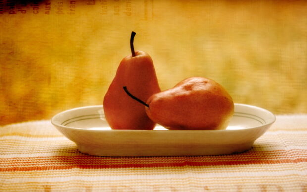 Two ripe pears resting on a white ceramic plate on textured fabric