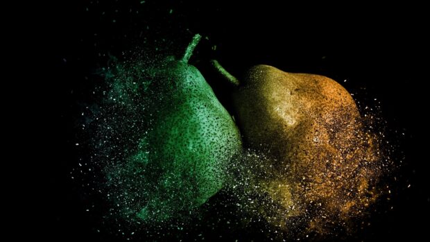 Two vibrant pears with colorful powder explosion on black background showing pear texture and colors