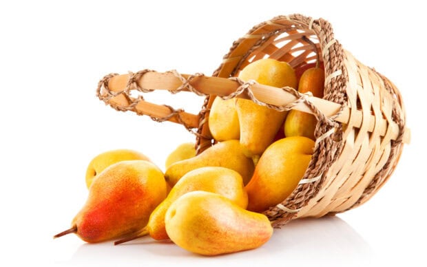 A basket filled with fresh ripe pears spilling onto a white surface