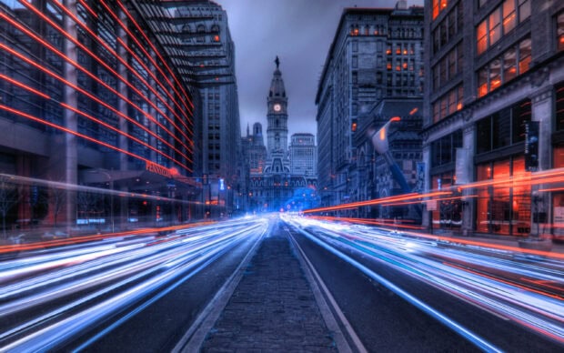 The Pennsylvania cityscape with light trails and historic buildings at dusk in the urban center