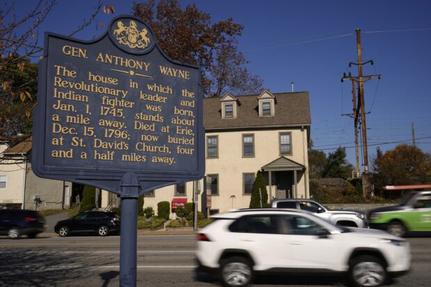 Historical sign about General Anthony Wayne in a Pennsylvania town street