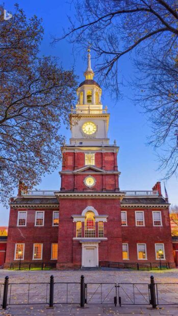 Pennsylvania historic building with clock tower surrounded by autumn trees