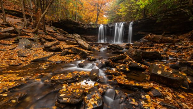 Autumn landscape with a waterfall and rocks in Pennsylvania forest
