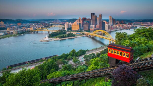 Pittsburgh cityscape with Duquesne Incline and river bridges in Pennsylvania