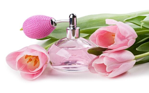 A perfume bottle with pink tulips arranged on a white surface showcasing elegant fragrance design