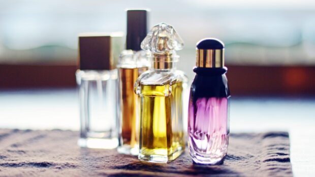 A collection of perfume bottles with colorful liquids on a soft surface