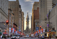 Historic Philadelphia Pennsylvania Architecture on a busy city street at sunset