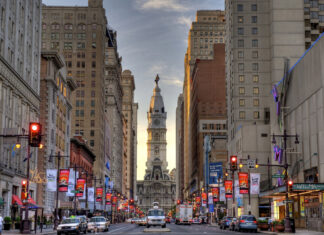 Historic Philadelphia Pennsylvania Architecture on a busy city street at sunset