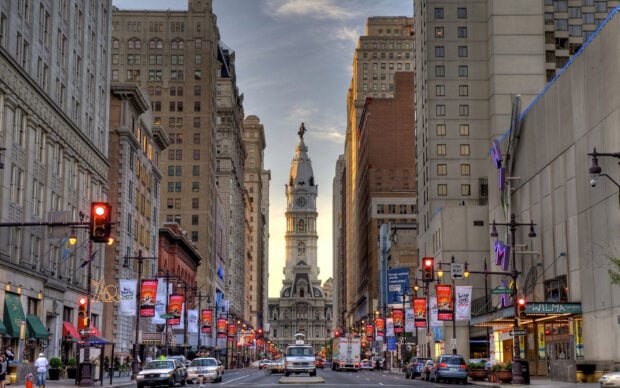 Historic Philadelphia Pennsylvania Architecture on a busy city street at sunset