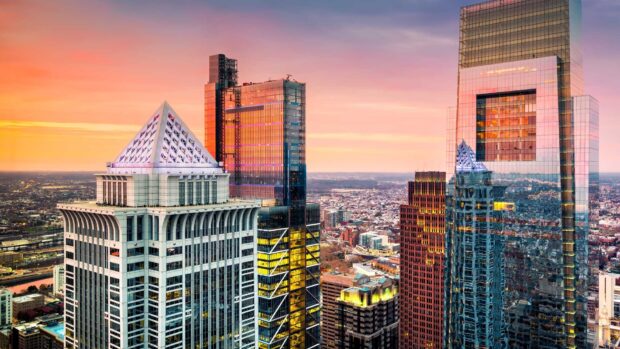 Philadelphia cityscape during sunset with modern skyscrapers in Pennsylvania