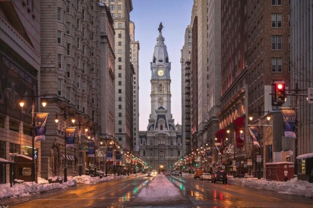 Philadelphia city hall and street with snow in Pennsylvania