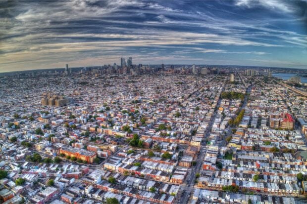Aerial view of Philadelphia Pennsylvania cityscape under a cloudy sky