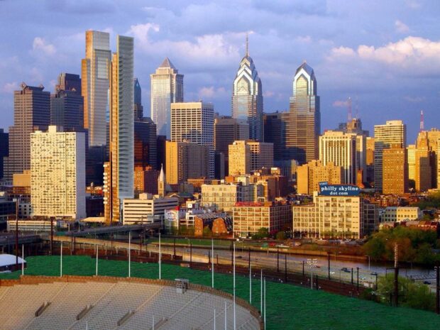 Philadelphia city skyline featuring skyscrapers and urban architecture during sunset