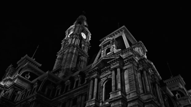 Historic Philadelphia architecture with clock tower at night in Pennsylvania