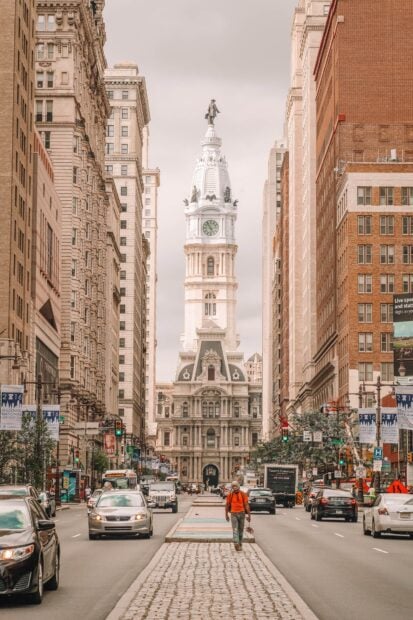A busy street with historic architecture in Philadelphia Pennsylvania