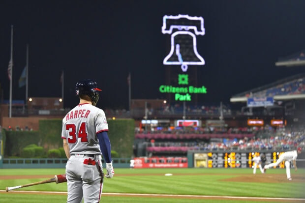 Bryce Harper waiting to bat during a Philadelphia Phillies game at Citizens Bank Park