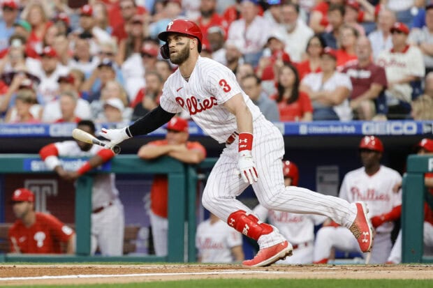 Philadelphia Phillies player batting in pinstripe uniform during a game at the stadium