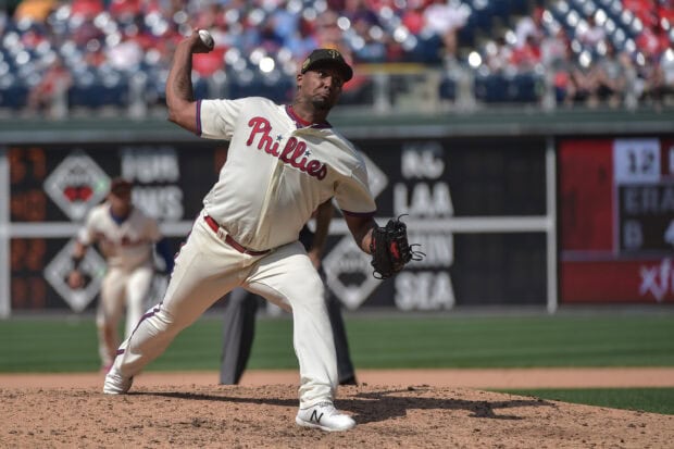 Philadelphia Phillies player pitching the ball on the baseball field in action during the game