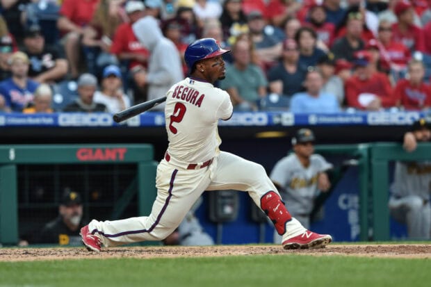 Philadelphia Phillies player Segura swinging the bat during a baseball game