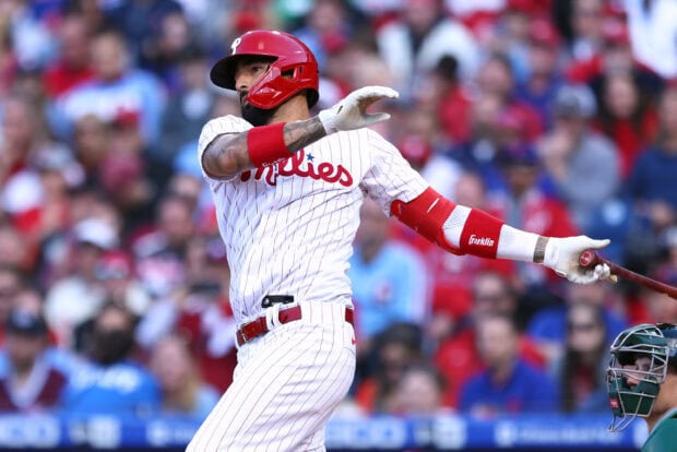 Philadelphia Phillies player swinging the bat during a baseball game