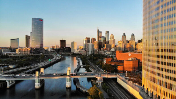Philadelphia skyline view with river and modern skyscrapers in high definition