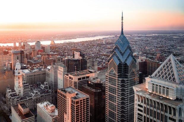 A stunning Philly skyline at sunset capturing the detailed architecture of the cityscape