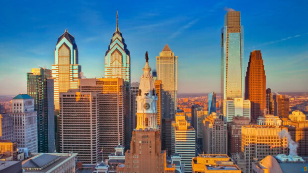 Philadelphia city skyline with iconic architecture in clear daylight