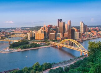 A panoramic view of Pittsburgh cityscape featuring famous bridges and urban skyline