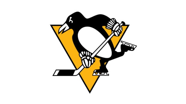 Penguin holding a hockey stick in front of a yellow triangle representing Pittsburgh
