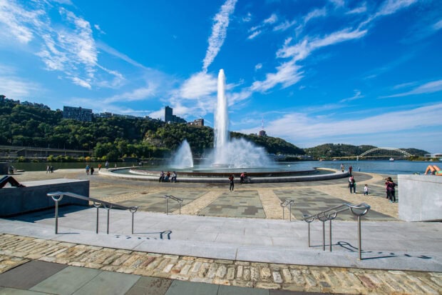 The cityscape fountain with hills and bridges in Pittsburgh